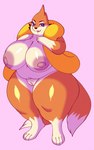 2020 2_tails 3_fingers 4_toes anthro areola big_breasts biped black_nose blue_eyes breasts curvy_figure feet female fingers floatzel fur generation_4_pokemon genitals hand_on_breast hi_res huge_breasts looking_at_viewer multi_tail navel nintendo nipples nude open_mouth orange_body orange_fur orange_tail overweight overweight_anthro overweight_female pink_background pokemon pokemon_(species) pussy satanickpaws simple_background solo standing tail tan_areola tan_nipples teeth toes voluptuous voluptuous_female