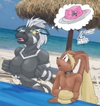 anthro anthrofied bar beach big_breasts breasts collar dessert duo featureless_breasts female food gelatin male nude outside pokemorph seaside sky text thought_bubble mr_zero jell-o nintendo pokemon generation_4_pokemon generation_5_pokemon lagomorph lopunny mammal pokemon_(species) zebstrika 2011 translation_request