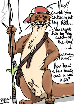 animal_genitalia animal_penis anus bag balls baseball_cap black_nose brown_body brown_fur cigarette clothing dialogue feral fishing_rod fur genitals half-erect hand_on_hip hat headgear headwear hook looking_at_viewer male messenger_bag penis shoulder_bag simple_background smile smoking solo standing talking_to_viewer tan_body tan_fur text whiskers white_background renwick-fox_(artist) mammal mustelid otter english_description english_text hi_res