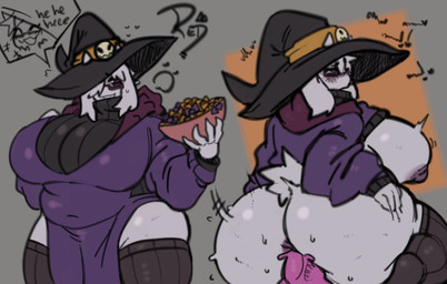 anal anal_penetration anthro anus areola belly big_belly big_breasts big_butt black_clothing black_sweater black_topwear black_turtleneck blush bodily_fluids breasts butt candy candy_bowl clothed clothing dessert dildo dildo_in_ass dildo_insertion eyewear female food glasses grey_background hand_on_butt hat headgear headwear holding_object horn huge_breasts huge_butt laugh legwear mature_female moan motion_lines navel_outline nipples object_in_ass penetration purple_areola purple_clothing purple_nipples purple_robe raised_clothing raised_shirt raised_topwear robe sex_toy sex_toy_in_ass sex_toy_insertion shirt simple_background solo sweat sweater tail thick_thighs thigh_highs topwear turtleneck witch_hat redactedinlight undertale_(series) toriel bovid caprine goat mammal absurd_res hi_res