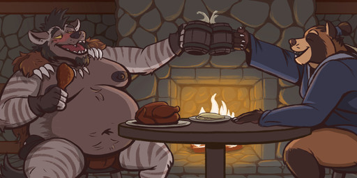 4_fingers 5_fingers alcohol anthro asian_clothing beer belly beverage big_belly black_body black_facial_hair black_fur black_goatee black_hair blue_clothing blue_topwear blush bottomless bottomwear brown_body brown_fur cape chicken_meat clothed clothing container cup date duo eyes_closed facial_hair fingers fire fireplace food fur fur_cape fur_clothing furniture goatee hair hair_bun inside interspecies male male/male male_anthro markings mask meat mohawk moobs mug navel nipples omelette open_mouth open_smile overweight overweight_anthro overweight_male partially_clothed_anthro partially_clothed_male plate red_bottomwear red_clothing red_shorts roast_chicken roast_chicken_leg round_ears shorts sideburns sitting smile speed_dating striped_body striped_fur striped_markings striped_tail stripes table tail tail_markings tan_body tan_fur teeth text toasting tooth_necklace topwear wearing_mask wood wood_furniture wood_table yellow_eyes nanoff charlie_(nanoff) taro_(nanoff) canid canine gnoll hyena mammal raccoon_dog tanuki 2025 artist_name colored dated digital_drawing_(artwork) digital_media_(artwork) english_description hi_res story story_in_description
