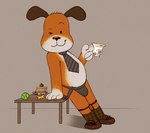 anthro ball clothing container cup food footwear furniture garter_belt_leggings jockstrap legwear male necktie one_eye_closed sandwich_(food) shoes solo table tea_cup tennis_ball underwear wink cseed kipper_the_dog kipper_(kipper_the_dog) canid canine canis mammal