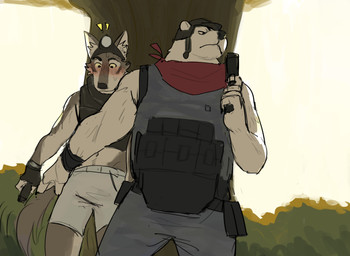 anthro arm_over_body blush bodily_fluids bottomwear brown_body brown_fur clothed clothing countershading duo fur gun handgun headgear hiding holding_gun holding_handgun holding_object holding_pistol holding_ranged_weapon holding_weapon kerchief looking_down male male/male midriff multicolored_body multicolored_fur navel outside pistol plant ranged_weapon red_kerchief shorts shrub sweat sweatdrop tail tail_motion tailwag topwear tree two_tone_body two_tone_fur vest weapon white_body white_fur yellow_sclera rendoodles epic_games fortnite polar_patroller wendell_(fortnite) bear canid canine canis mammal polar_bear ursine wolf hi_res
