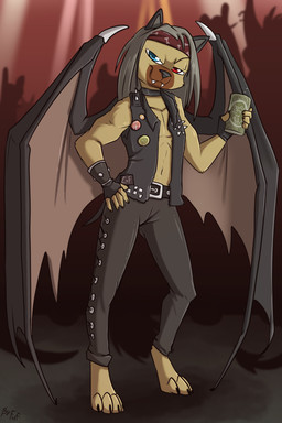 anthro back_wings bat_wings beverage big_wings biped black_bottomwear black_clothing black_fingerless_gloves black_gloves black_handwear black_pants black_topwear black_vest bottomwear bracelet brown_body brown_fur claws clothed clothing collar digitigrade fingerless_gloves front_view fur gloves grey_hair hair handwear headgear headkerchief headwear holding_beverage holding_object inside jewelry kerchief long_hair male membrane_(anatomy) membranous_wings pants party solo topwear vest wings fuf bat mammal 2019 2:3 hi_res