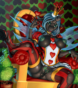 animal_genitalia animal_vulva anthro anus breasts chair clothing crown dewclaw_hooves equine_genitalia equine_vulva female furniture genitals headgear heart_background heart_symbol hooves insect_wings legwear looking_at_viewer nipples pattern_background plant plant_pot potted_plant riding_crop royalty simple_background solo stockings throne vulva whip wings thehorsesays third-party_edit tyelle_niko alice_in_wonderland friendship_is_magic hasbro my_little_pony queen_chrysalis_(mlp) queen_of_hearts_(alice_in_wonderland) arthropod changeling_(mlp) hi_res