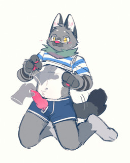 ambiguous_gender animal_genitalia animal_penis anthro belly_tuft biped black_body black_ears black_fur black_stripes black_tail blush bodily_fluids canine_genitalia canine_penis clothing countershading dipstick_tail disembodied_hand duo erection eyewear fur genitals glasses grey_body grey_fur grey_hair grey_tail hair kneeling knot leg_markings male male/ambiguous markings navel pawpads penis penis_poking_out penis_through_fly pink_nose pink_pawpads pink_penis rectangular_glasses short_hair socks_(marking) striped_body striped_fur stripes sweat tail tail_markings tail_motion tailwag touching_penis tuft underwear white_body white_fur white_inner_ear yellow_eyes asnnonaka harley_(asnnonaka) canid canine canis domestic_dog mammal 4:5 digital_media_(artwork) hi_res
