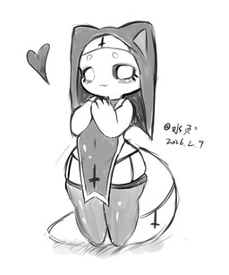 ambiguous_gender anthro big_tail black_clothing black_legwear black_sclera black_stockings circle_eyebrows clothed clothing cross eyebrows garter_straps heart_symbol inverted_cross legwear nun nun_outfit religious_clothing shortstack simple_background smile smooth_skin solo stockings tail thick_thighs white_body white_eyes shuiyee shuiye_(shuiyee) ambiguous_species 2026 5:6 dated digital_media_(artwork) hi_res monochrome
