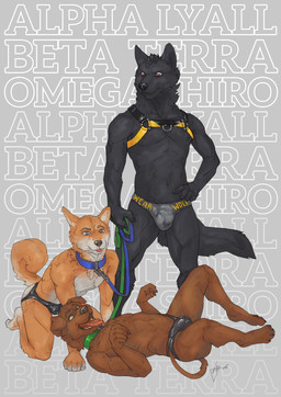 4_toes 5_fingers abs all_fours anthro bdsm black_body black_fur black_nose blue_eyes brown_body brown_fur bulge clothed clothing collar feet fingers fur green_eyes group hand_on_hip harness leash lying male muscular muscular_male navel on_back open_mouth petplay plantigrade puppyplay red_eyes roleplay standing text text_background toes tongue tongue_out topless underwear deusexmoose canid canine canis domestic_dog mammal wolf 2016 digital_media_(artwork) digital_painting_(artwork) english_text hi_res painting_(artwork)