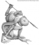 anthro armor european holding_melee_weapon holding_object holding_sword holding_weapon male melee_weapon polearm scabbard shield solo spear sword targe warrior weapon kyoht_luterman brass_dragon_games amphibian frog low_res monochrome