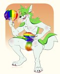 anthro black_nose bodily_fluids claws clothed clothing fans fur green_body green_fur hair male multicolored_clothing multicolored_underwear open_mouth rainbow_clothing rainbow_fan rainbow_underwear simple_background smile solo sweat sweatdrop sweaty_face sweaty_legs sweaty_thighs tail tongue underwear white_body white_fur emufur fidget_the_fox canid canine fox mammal absurd_res digital_media_(artwork) hi_res