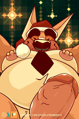 abstract_background anthro barbell_piercing christmas_clothing christmas_headwear clothing erection eyes_closed front_view fur genitals hat headgear headwear holidays humanoid_genitalia humanoid_penis male male_anthro nipple_barbell nipple_piercing nipples orange_body orange_fur overweight overweight_anthro overweight_male penis piercing pink_nipples pink_penis red_clothing red_hat red_headwear santa_hat solo yellow_body yellow_fur chocolateandmilk christmas richard_(chocolateandmilk) canid canine canis domestic_dog mammal 2024 dated hi_res signature
