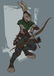 ambiguous_gender anthro arrow_(weapon) bow_(weapon) clothing digitigrade ears_tied_back fantasy forest green_clothing green_eyes holding_bow_(weapon) holding_object holding_ranged_weapon holding_weapon knee_pads plant ranged_weapon solo tree weapon tamlin123 hare lagomorph leporid mammal hi_res