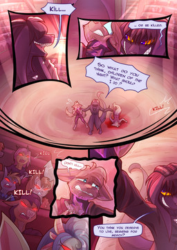 anthro arena blood bodily_fluids clothing corpse death dialogue ear_piercing ear_ring fangs female fur group hair horn magic magic_user male neck_grab orange_eyes performance piercing purple_body purple_eyes purple_fur purple_hair ring ring_piercing robe scared spectators speech_bubble spotlight tears tears_of_fear teeth text ripli a_story_with_a_known_end rivenlod_rygers canid canine demon equid equine felid feline mammal reptile scalie vampire 2025 comic digital_media_(artwork) english_text hard_translated translated