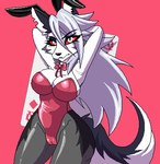 anthro armpit_fetish big_breasts breasts bunny_costume camel_toe card clothed clothing costume fake_ears fake_rabbit_ears female fur hair latex legwear looking_at_viewer piercing playing_card red_sclera simple_background skinsuit solo suit_symbol tail thick_thighs tight_clothing white_body white_fur cassfu_(artist) helluva_boss mythology loona_(helluva_boss) canid canid_demon canine demon hellhound mammal mythological_canine mythological_creature digital_media_(artwork) pixel_(artwork)