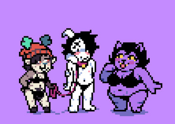 anthro beanie belly big_breasts big_penis black_hair blush bodily_fluids bra breasts bulge clothing collar dominant dominant_female dripping emo_haircut female femboy genital_fluids genitals group gynomorph hair hat headgear headwear humiliation intersex larger_male leash leashed_collar male male/female penis pubes size_difference slightly_chubby small_breasts smaller_female tongue tongue_out trio underwear dracozhilla deltarune undertale undertale_(series) asriel_dreemurr boyband_asriel catty_cattenheimer dess_holiday deer domestic_cat felid feline felis mammal digital_media_(artwork) pixel_(artwork) trans_(lore) trans_woman_(lore)