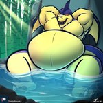 anthro bath bathing belly big_belly hands_behind_head hot_spring male muscular muscular_male overweight overweight_anthro overweight_male solo tail water tanio dragon_ball mythology giran dragon mythological_creature mythological_scalie scalie 1:1 hi_res