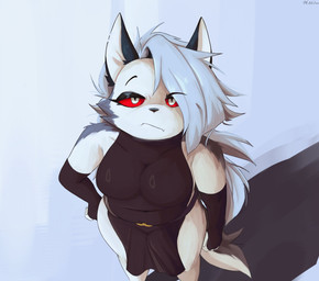 anthro arm_tuft armwear big_breasts black_clothing black_dress breasts clothed clothing curvy_figure dress elbow_gloves eyebrows eyeshadow female fur gloves grey_body grey_fur grey_hair hair hair_over_eye hand_on_hip handwear head_tuft high-angle_view looking_at_viewer makeup mouth_closed multicolored_body multicolored_fur pointy_ears raised_eyebrow red_sclera shadow shoulder_tuft simple_background skimpy skimpy_dress solo tail thick_thighs tuft white_body white_eyes white_fur catoculiao hellaverse helluva_boss mythology loona_(helluva_boss) canid canid_demon canine canis demon hellhound mammal mythological_canine mythological_creature 2026 digital_drawing_(artwork) digital_media_(artwork) hi_res shaded