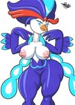 2022 anthro areola beak bedroom_eyes big_breasts blue_body blue_eyes breasts female generation_9_pokemon genitals hi_res huge_breasts looking_at_viewer multicolored_body narrowed_eyes nintendo nipples pink_areola pink_nipples pokemon pokemon_(species) pussy quaquaval seductive simple_background smile solo tansau thick_thighs two_tone_body white_background