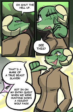 anthro clothed clothing dialogue duo female horn scar text brradett lernie_(brradett) scalie absurd_res colored comic digital_media_(artwork) english_text hi_res shaded