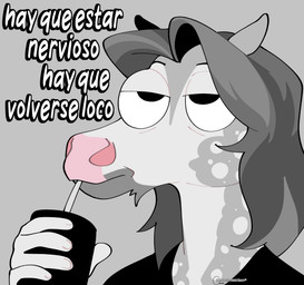anthro beverage black_clothing bored clothed clothing drinking male narrowed_eyes sipping solo text irradiatedpiratebooty glue_(irradiatedpiratebooty) equid equine horse mammal absurd_res hi_res meme spanish_text