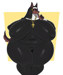 5_fingers anthro belly big_breasts black_clothing black_dress black_nose border breasts clothed clothed_anthro clothed_female clothing cross cross_necklace curvy_figure dress ears_through_headwear eyelashes eyeshadow female female_anthro fingers furgonomic_headwear furgonomics gesture habit half-closed_eyes hand_gesture hand_on_hip huge_breasts hyper jewelry looking_at_viewer makeup mature_anthro mature_female narrowed_eyes necklace nipple_outline nun simple_background skimpy slightly_chubby smile solo sparkles thick_thighs thumbs_up tight_clothing venus_figure voluptuous white_border wide_hips yellow_background yellow_eyes sssonic2 laverne_(sssonic2) canid canine canis dobermann domestic_dog mammal pinscher 2020 absurd_res digital_media_(artwork) hi_res