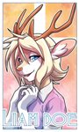 abstract_background anthro antlers blonde_hair blue_eyes border brown_body brown_fur brown_horn clothing femboy front_view fur hair horn looking_at_viewer male multicolored_body multicolored_fur open_mouth open_smile pink_clothing pink_nose pink_shirt pink_topwear shirt short_hair smile solo topwear two_tone_body two_tone_fur white_body white_border white_fur lapres liam_doe deer mammal 2016 bust_portrait character_badge_(artwork) digital_media_(artwork) hi_res portrait