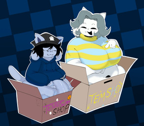 anthro beanie belly big_breasts big_penis black_hair bottomless box breasts checkered checkered_background clothed clothing container duo eye_bags eyebrows fangs female fur genitals gesture grey_hair hair hand_gesture hat headgear headwear heart_symbol hoodie hoodie_only imminent_sex in_box in_container male male/female pattern_background penis pointing pointing_at_another pointing_at_penis raised_eyebrow raised_eyebrows shirt shirt_only simple_background size_difference sweater teeth throbbing throbbing_penis topwear topwear_only turtleneck white_body white_fur woopyy undertale undertale_(series) temmie_(undertale) temssum_the_temmie tem temmie_(species) absurd_res hi_res