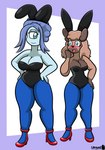 1_eye anthro blue_body blue_eyes blue_hair blue_skin blush breasts brown_body brown_fur bunny_costume canid canine canis clothed clothing costume cyclops digital_media_(artwork) duo fake_ears fake_rabbit_ears female female/female fur generation_1_pokemon generation_7_pokemon hair hi_res koi_(kiss_the_carrot) legwear leotard litmus2 magnemite mammal nintendo open_mouth petra_(kiss_the_carrot) pokemon pokemon_(species) rockruff shaded simple_background smile