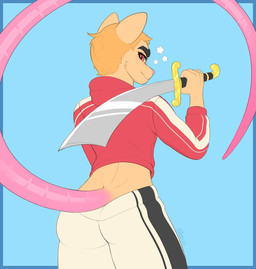 anthro big_butt blue_background butt clothed clothing fur hair holding_object looking_at_viewer male melee_weapon orange_body orange_fur raised_tail red_eyes senior simple_background smile solo sword tail weapon ltzodd mammal murid murine rat rodent digital_media_(artwork) hi_res