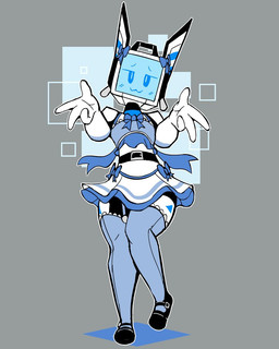:3 accessory arms_out bow_ribbon clothed clothing crossdressing dress grey_background hair_accessory hair_bow hair_ribbon legwear looking_at_viewer machine male not_furry ribbons simple_background solo thigh_highs baronflint camelot_(baronflint) humanoid robot robot_humanoid 4:5