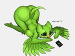 anthro big_butt breasts butt electronics feathers female frown mascot nake nude phone sad simple_background solo tail text wings dziero duolingo duo_(duolingo) avian bird 2024 digital_media_(artwork) hi_res