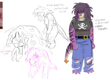 anthro belt bottomwear clothed clothed_anthro clothing fangs female freckles hair hair_over_eyes long_hair obscured_eyes pants purple_body smile snout solo spade_tail standing tail teeth text torn_bottomwear torn_clothing torn_pants hoofpeet deltarune undertale_(series) susie_(deltarune) reptile scalie 2025 english_text hi_res model_sheet sketch