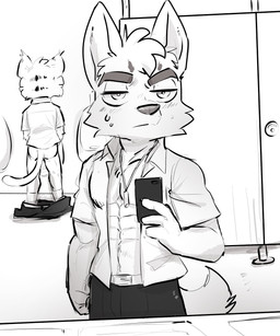abs anthro bathroom blush bodily_fluids bottomwear bottomwear_down butt clothed clothing duo humor male muscular muscular_male nude pants pants_down partially_clothed public_restroom selfie sweat sweatdrop taking_picture toilet_use urinal max_muffin01 ailurid canid canine canis domestic_dog felid feline mammal 5:6 absurd_res hi_res meme