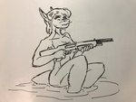 anthro female fin gun hair humanoid_pointy_ears nude pointy_ears ranged_weapon short_hair shotgun simple_background skinny_dipping solo water water_ripple weapon white_background serth white_oyster francine_sikorska fish marine shark 4:3 absurd_res black_and_white hi_res monochrome sketch