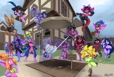 container female green_body green_skin group horn jar pink_body pink_skin public public_nudity purple_body purple_skin sharp_teeth shortstack tail teeth little_b0t demon horned_humanoid humanoid imp absurd_res hi_res