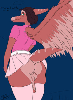 abstract_background anthro backsack balls bed big_balls big_butt blush blush_lines bone_frill bottomwear butt clothed clothing crossdressing dialogue feathered_wings feathers femboy frill_(anatomy) furniture genitals glistening glistening_body glistening_scales hair inside legwear looking_back male multicolored_body multicolored_scales penis perineum pink_body pink_scales red_body red_hair red_scales scales short_hair short_tail skirt snout solo tail teal_eyes text thick_thighs thigh_highs two_tone_body two_tone_scales wide_hipped_anthro wide_hipped_male wide_hips wings ratherdevious devlog:_a_post-modern_college_experience theo_(devlog) prehistoric_species pterodactylus pterosaur reptile scalie 2025 absurd_res artist_name digital_drawing_(artwork) digital_media_(artwork) english_text hi_res watermark
