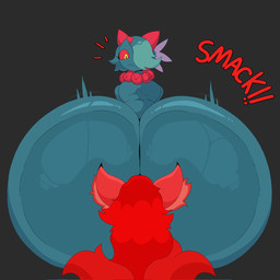 anthro big_butt blue_body butt duo female horn huge_butt male red_body tail yellow_eyes lokbunny17 nintendo pokemon ancient_pokemon canid canine flutter_mane fox generation_9_pokemon mammal paradox_pokemon pokemon_(species) hi_res