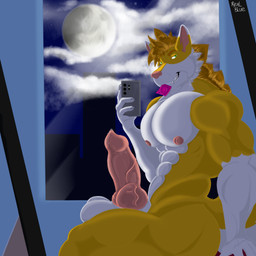 anthro balls big_penis condom dripping genitals knot male mirror mirror_selfie muscular nipples pecs penis selfie sexual_barrier_device solo real_bluee canid canine canis mammal wolf 1:1 absurd_res half-length_portrait hi_res portrait