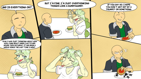 afterimage anthro bald biped blep choker clothed clothed_anthro clothed_female clothed_human clothed_male clothing dialogue duo eyebrows eyes_closed female food furgonomics furniture green_body green_clothing green_hair green_scales green_shirt green_topwear grey_clothing grey_jacket grey_topwear hair hair_bun hand_on_head jacket jewelry long_hair looking_aside looking_at_another male male/female motion_lines necklace open_clothing open_jacket open_topwear pizza plate raised_eyebrow sandwich_(food) scales shirt sitting speech_bubble spikes surprised table talking_to_another text tongue tongue_out topwear twin_buns waving_hand white_clothing white_shirt white_topwear fuegosonic93 cavemanon_studios goodbye_volcano_high ko_op_(game_developer) snoot_game anon_(snoot_game) stella_(gvh_beta) dinosaur human mammal ornithischian prehistoric_species reptile scalie stegosaurian stegosaurus thyreophoran 16:9 4k absurd_res colored comic english_text hi_res widescreen