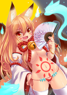 armwear bell big_breasts blonde_hair breasts camel_toe clothing detached_sleeves facial_markings fangs female fox_tail grin hair hand_fan head_markings legwear long_hair long_sleeves looking_at_viewer markings multi_tail navel open_mouth panties pubic_mound side-tie_panties smile solo tail tattoo teeth underwear white_clothing white_legwear wide_sleeves yellow_eyes wolflong animal_humanoid canid canid_humanoid canine canine_humanoid fox fox_humanoid ghost humanoid mammal mammal_humanoid spirit absurd_res hi_res