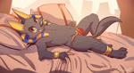 4_toes 5_fingers anklet anthro bed bracelet clothed clothing feet fingers fur furniture grey_body grey_fur jewelry looking_at_viewer lying male on_back on_bed orange_eyes pillow side-tie_bottomwear skimpy solo tail tail_motion tailwag toes undressing young young_anthro hanukami anubis_and_the_buried_bone egyptian_mythology middle_eastern_mythology mythology anubis anubian_jackal canid canine canis deity jackal mammal 2018 2d_animation animated frame_by_frame hi_res loop no_sound short_playtime webm