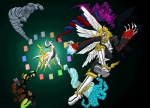 8_wings ambiguous_gender battle black_background black_body blonde_hair claws clothing duo feathered_wings feathers feral fight green_eyes hair mismatched_wings multi_wing quadruped simple_background tail teeth white_body white_clothing white_feathers wings h_box bandai_namco digimon nintendo pokemon angel arceus digimon_(species) generation_4_pokemon humanoid legendary_pokemon lucemon lucemon_chaos_mode pokemon_(species) winged_humanoid crossover hi_res