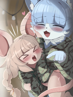 anthro blue_body blue_fur blue_hair blush blush_lines brown_body brown_fur brown_hair duo fluffy fluffy_chest fur hair long_hair male male/male military simple_background size_difference teasing osoiyume japan_air_self-defense_force hamu_chunchun omaneko_(jasdf) domestic_cat felid feline felis mammal mouse murid murine rodent 3:4 absurd_res hi_res