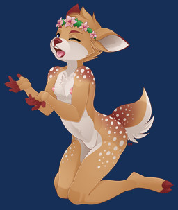 adolescent anthro areola blue_eyes breasts chest_tuft eyelashes female kneeling long_eyelashes navel nipple_dip nipples nude open_mouth small_breasts solo spots tuft young b-ern deer mammal 2025 alpha_channel hi_res