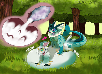 big_penis blue_body bodily_fluids cum cum_in_uterus cum_in_vagina cum_inflation cum_inside female feral forest forest_background fur genital_fluids genitals green_eyes grey_body grey_fur huge_penis hyper hyper_genitalia hyper_penis inflation male male/female nature nature_background penis plant purple_eyes tree uterus dirtymac nintendo pokemon eeveelution generation_1_pokemon jolteon pokemon_(species) vaporeon absurd_res hi_res
