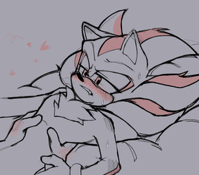 anthro bite biting_lip biting_own_lip blush bodily_fluids duo fluffy fluffy_chest holding_waist looking_at_another lying male male_focus on_back self_bite solo_focus sweat teeth chaotixshiro sega sonic_the_hedgehog_(series) shadow_the_hedgehog eulipotyphlan hedgehog mammal 2023 digital_drawing_(artwork) digital_media_(artwork) hi_res restricted_palette