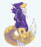 anthro big_tail black_sclera blue_eyes chest_tuft clothed clothing female fur hoodie looking_at_viewer markings multicolored_body simple_background solo tail topwear tuft two_tone_body white_background white_body white_fur yellow_body yellow_fur kira_dra_h bandai_namco digimon canid digimon_(species) mammal renamon 2020 digital_media_(artwork) signature