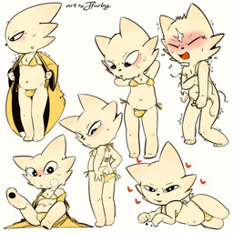 anthro bikini biped black_nose bodily_fluids bulge butt clothing cute_fangs embarrassed eyebrows fangs fingers fur looking_at_viewer looking_away male navel open_mouth simple_background solo standing sweat swimwear teeth tongue two-piece_swimsuit white_body white_fur lea_stellaria nine_sols red_candle_games yi_(nine_sols) felid feline mammal solarian 1:1 hi_res