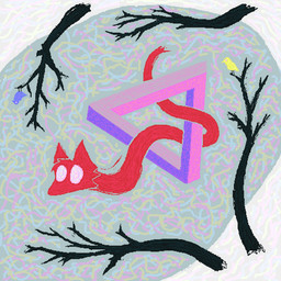 abstract_background ambiguous_gender branch cheek_tuft facial_tuft feral fur red_body red_fur solo tuft demensa canid canine mammal worm 1:1 2024 digital_media_(artwork) hi_res
