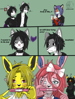 anthro cheating_husband choker clothing consensual_cuckquean cuckquean dialogue female fur grey_body grey_fur impregnation jewelry male necklace orange_body orange_fur pink_body pink_fur pregnancy_test text white_body white_fur yellow_body yellow_fur allartskye nintendo pokemon evelyne_(allartskye) jolyne_(allartskye) skye_(allartskye) sylvie_(allartskye) tyara_(allartskye) canid canine canis domestic_cat eeveelution felid feline felis generation_1_pokemon generation_6_pokemon jolteon mammal pantherine pokemon_(species) sylveon tiger wolf comic english_text hi_res